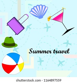 summer travel suitcase cocktail ball hat shell vector background