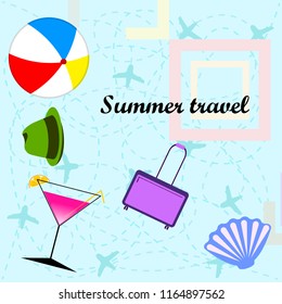 summer travel suitcase cocktail ball hat shell vector background