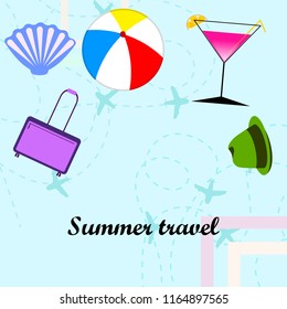 summer travel suitcase cocktail ball hat shell vector background