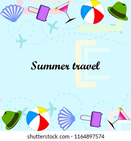 summer travel suitcase cocktail ball hat shell vector background