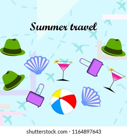 summer travel suitcase cocktail ball hat shell vector background