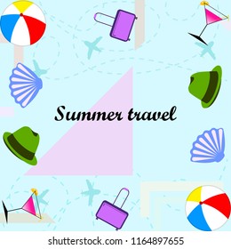 summer travel suitcase cocktail ball hat shell vector background