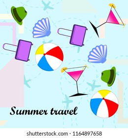 summer travel suitcase cocktail ball hat shell vector background