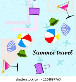 summer travel suitcase cocktail ball hat shell vector background