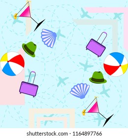 summer travel suitcase cocktail ball hat shell vector background
