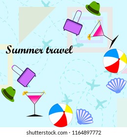summer travel suitcase cocktail ball hat shell vector background