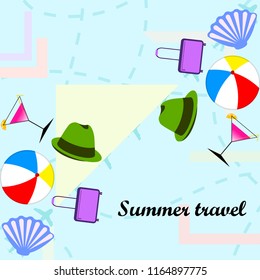 summer travel suitcase cocktail ball hat shell vector background