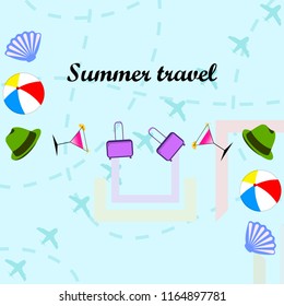summer travel suitcase cocktail ball hat shell vector background
