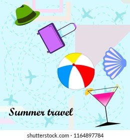 summer travel suitcase cocktail ball hat shell vector background