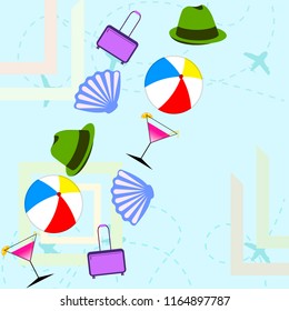 summer travel suitcase cocktail ball hat shell vector background