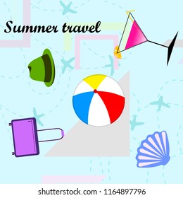 summer travel suitcase cocktail ball hat shell vector background