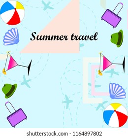 summer travel suitcase cocktail ball hat shell vector background