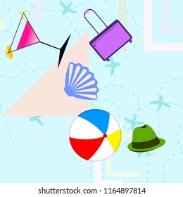 summer travel suitcase cocktail ball hat shell vector background