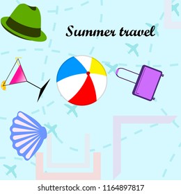 summer travel suitcase cocktail ball hat shell vector background