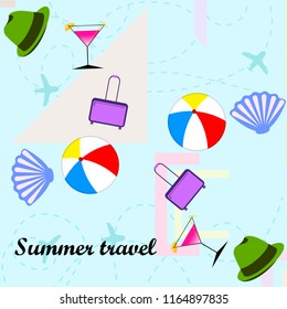summer travel suitcase cocktail ball hat shell vector background