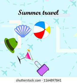 summer travel suitcase cocktail ball hat shell vector background