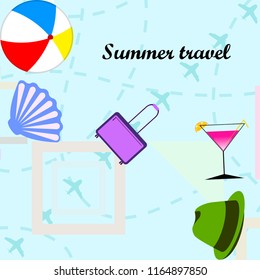 summer travel suitcase cocktail ball hat shell vector background