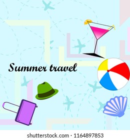 summer travel suitcase cocktail ball hat shell vector background