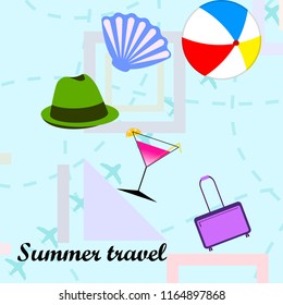 summer travel suitcase cocktail ball hat shell vector background