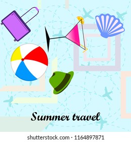 summer travel suitcase cocktail ball hat shell vector background