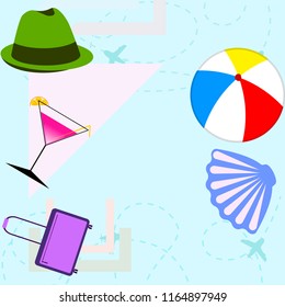summer travel suitcase cocktail ball hat shell vector background