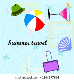 summer travel suitcase cocktail ball hat shell vector background