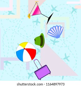 summer travel suitcase cocktail ball hat shell vector background