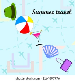 summer travel suitcase cocktail ball hat shell vector background