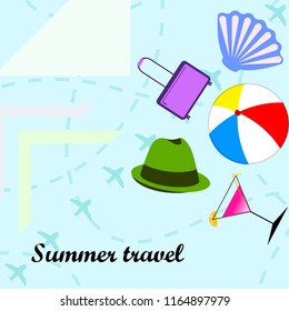 summer travel suitcase cocktail ball hat shell vector background