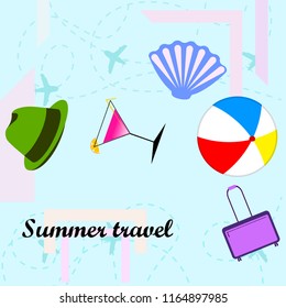 summer travel suitcase cocktail ball hat shell vector background