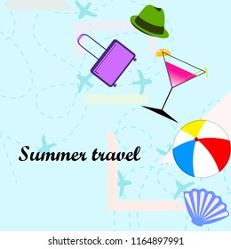 summer travel suitcase cocktail ball hat shell vector background