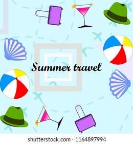 summer travel suitcase cocktail ball hat shell vector background