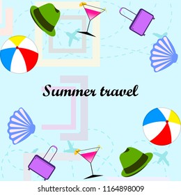 summer travel suitcase cocktail ball hat shell vector background