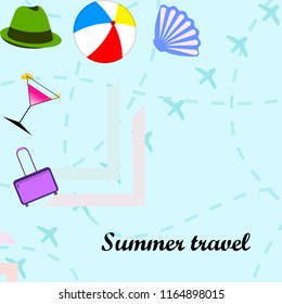 summer travel suitcase cocktail ball hat shell vector background