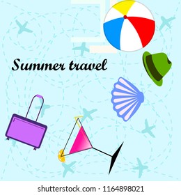 summer travel suitcase cocktail ball hat shell vector background