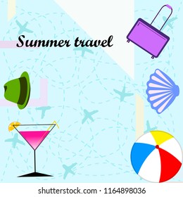 summer travel suitcase cocktail ball hat shell vector background