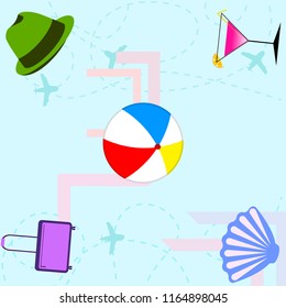 summer travel suitcase cocktail ball hat shell vector background