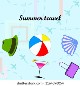 summer travel suitcase cocktail ball hat shell vector background