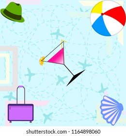 summer travel suitcase cocktail ball hat shell vector background