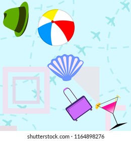summer travel suitcase cocktail ball hat shell vector background