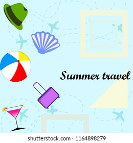 summer travel suitcase cocktail ball hat shell vector background