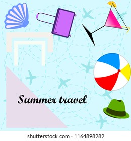 summer travel suitcase cocktail ball hat shell vector background