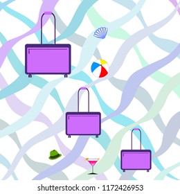 summer travel suitcase cocktail ball hat shell vector background