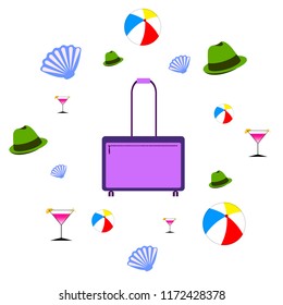 summer travel suitcase cocktail ball hat shell vector background