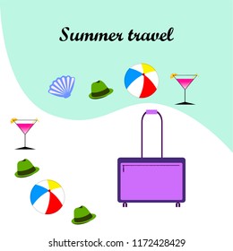 summer travel suitcase cocktail ball hat shell vector background