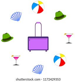 summer travel suitcase cocktail ball hat shell vector background
