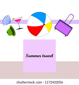 summer travel suitcase cocktail ball hat shell vector background