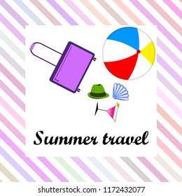 summer travel suitcase cocktail ball hat shell vector background