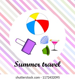 summer travel suitcase cocktail ball hat shell vector background