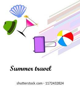 summer travel suitcase cocktail ball hat shell vector background